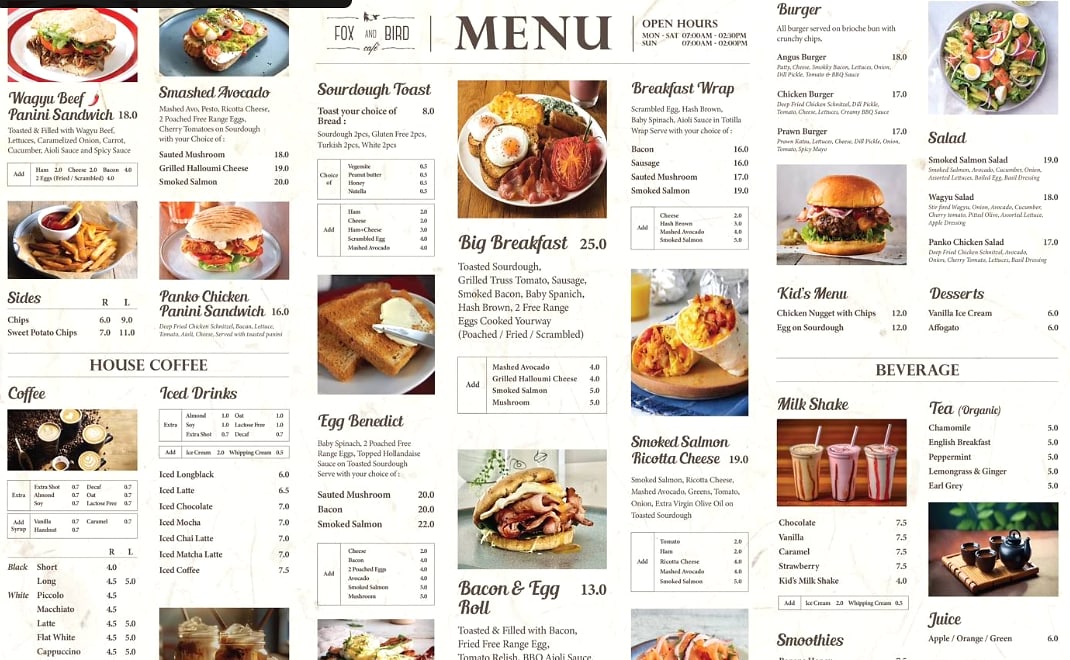 Provided screenshot of the Fox and Bird cafe menu board.